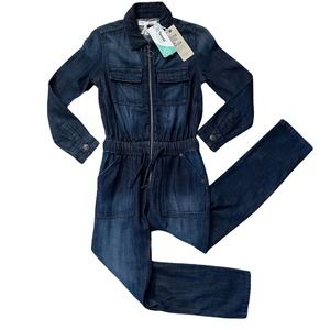 M&S Pure Tencel Girls Dark Denim Long Sleeve Utility Jumpsuit Size 8-9